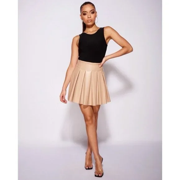 Nude Faux Leather Vegan Leather High Waist Pleated Mini Skater Skirt - Picture 3 of 15